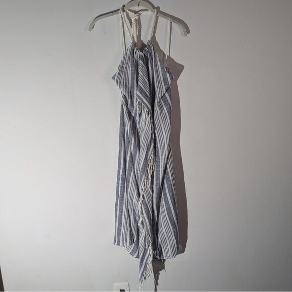 Aerie Blue Linen Blend Striped Halter Fringe Beachy Dress Size S/XS - Picture 2 of 6